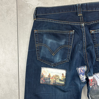 Vintage Levis 501 Patchwork Fleetwood Mac Navy Blue Denim Straight Jeans - 34