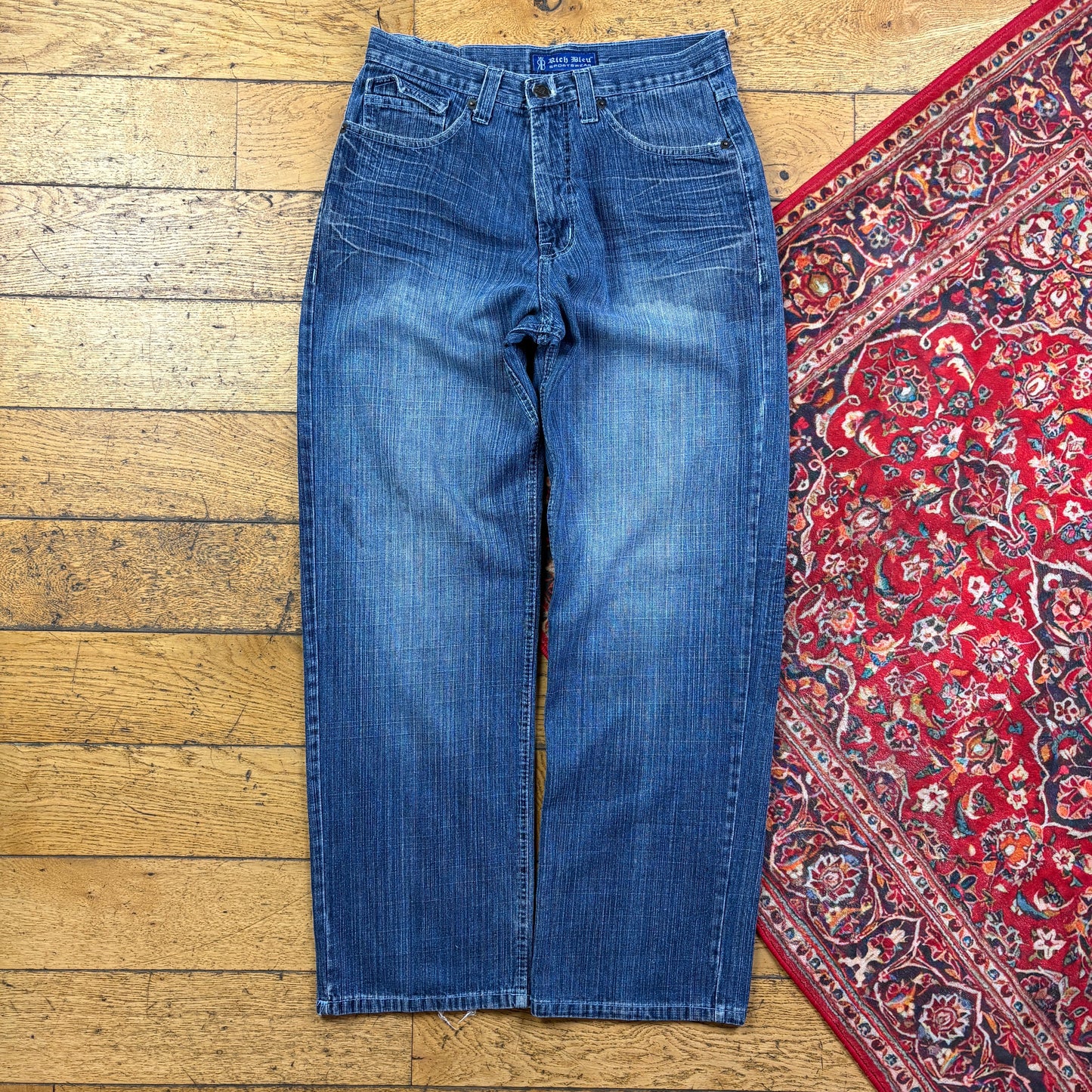 Vintage Blue Embroidered Y2K Hip Hop Baggy Jeans - 32