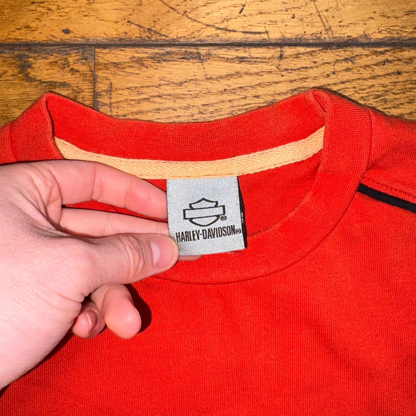 Vintage Harley Davidson Orange Embroidered Long Sleeve Graphic T-Shirt - S