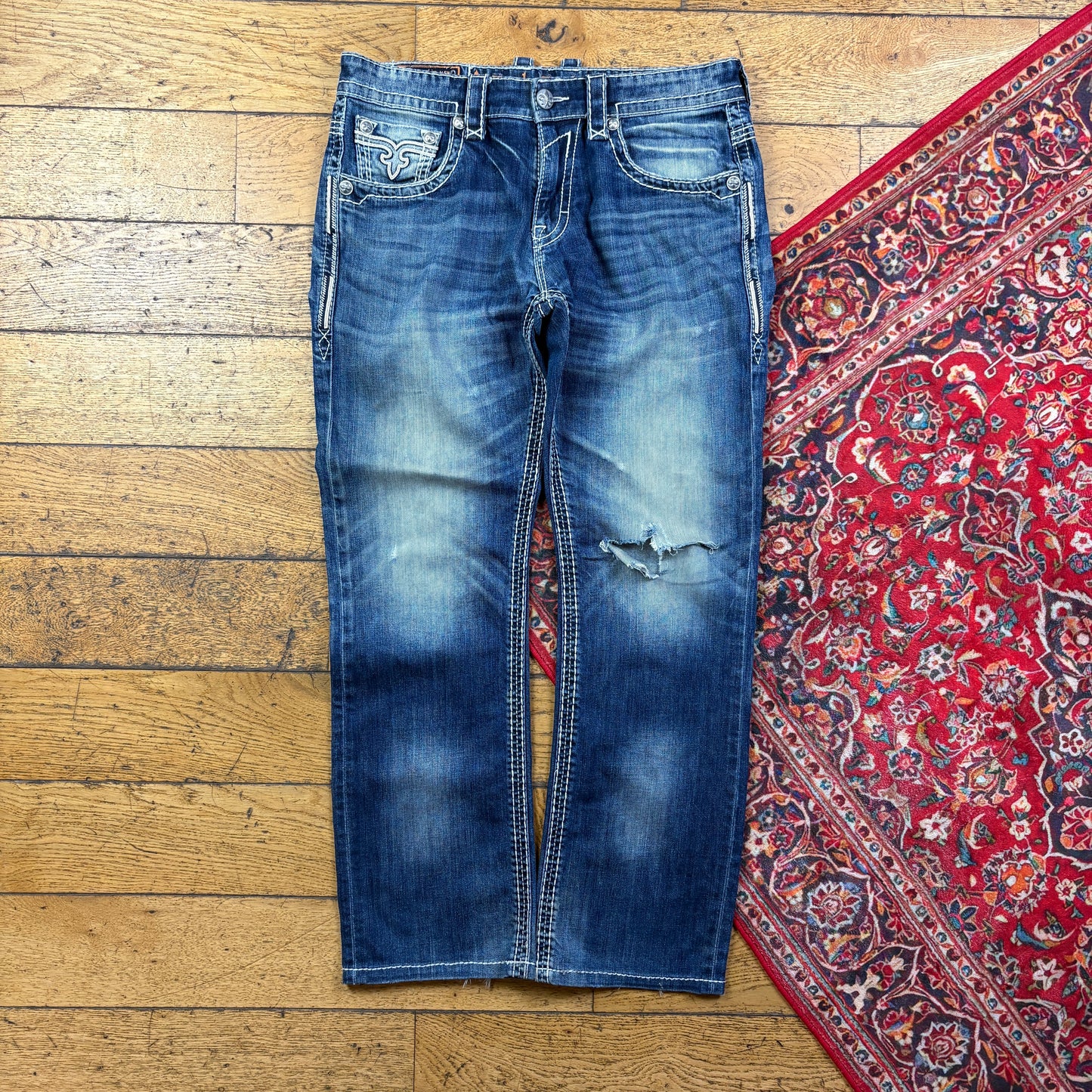 Vintage Rock Revival Blue Embroidered Y2K Hip Hop Straight Jeans - 38