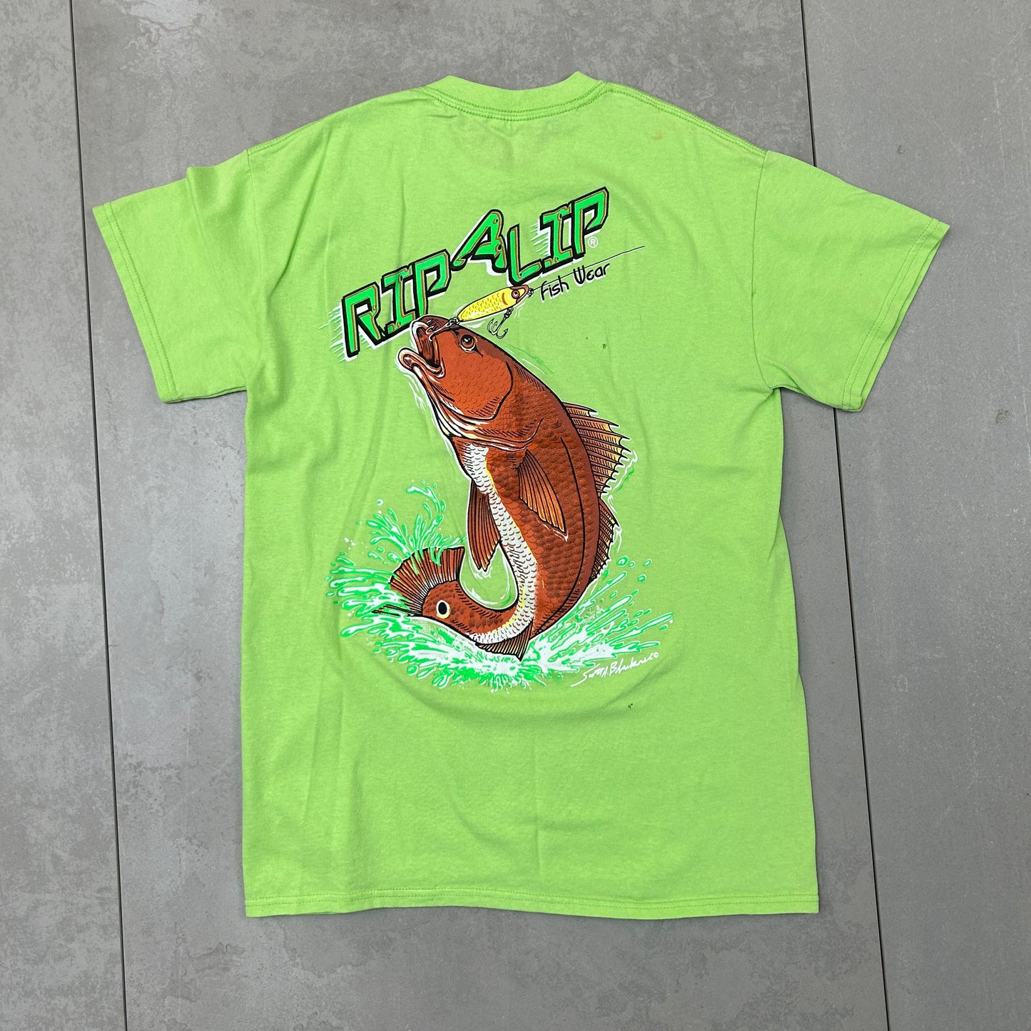 Vintage 90s Rip A Lip Fishing Graphic Green T-Shirt - XS