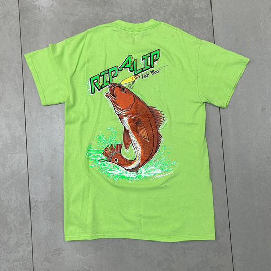 Vintage 90s Rip A Lip Fishing Graphic Green T-Shirt - XS