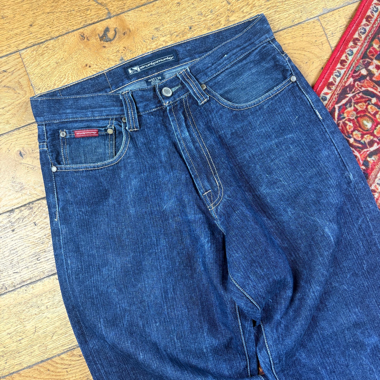 Vintage Drunknmunky Blue Embroidered Y2K Hip Hop Baggy Jeans - 34