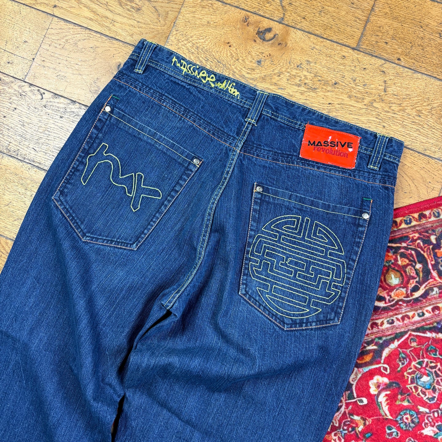 Vintage Blue Embroidered Y2K Hip Hop Baggy Jeans - 38