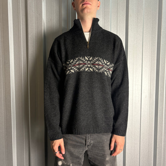 Vintage Gant Black Grey Pattern Quarter Zip Chunky Knit Jumper - M