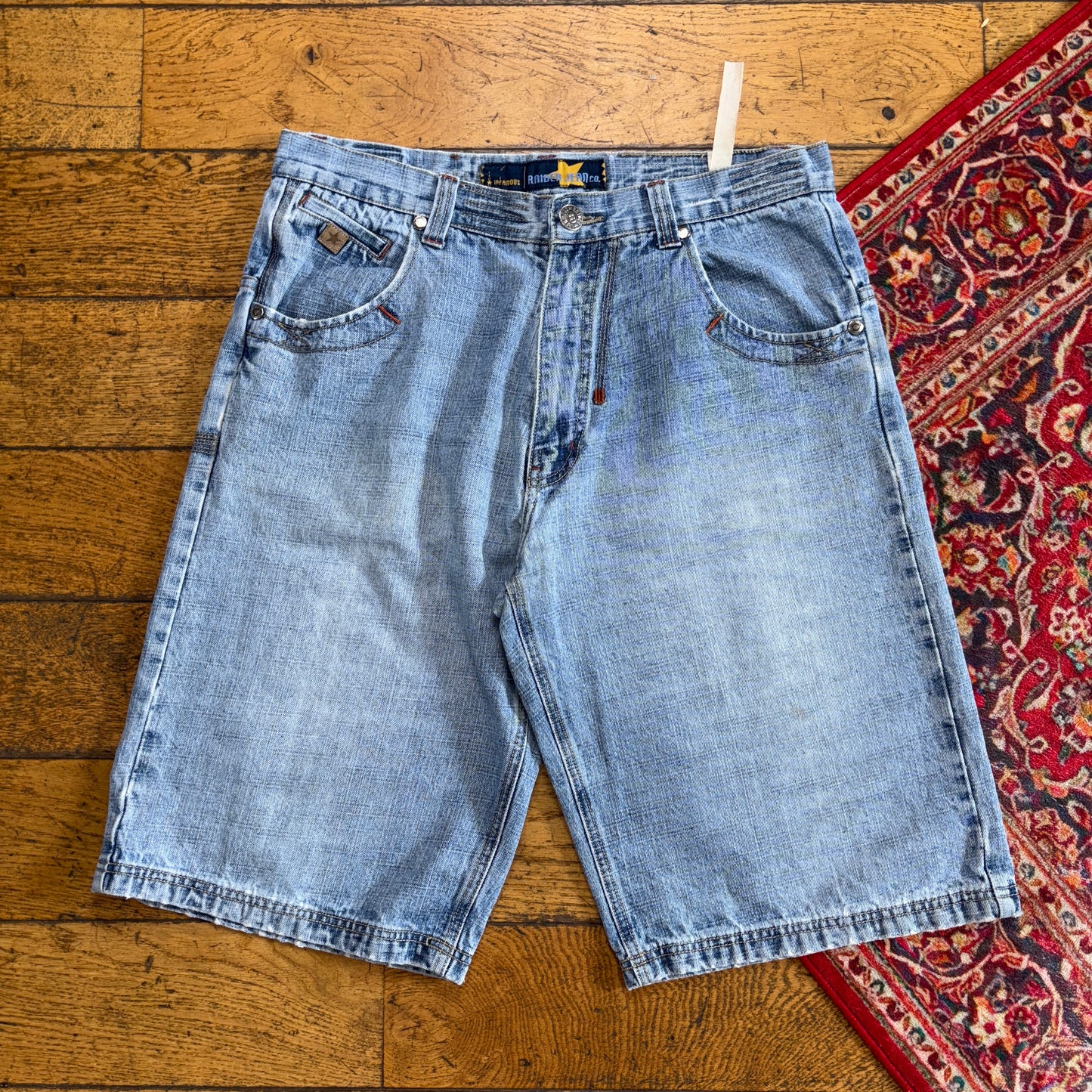 Vintage Raider Jeans Blue Embroidered Y2K Hip Hop Baggy Jeans Shorts Jorts - 36
