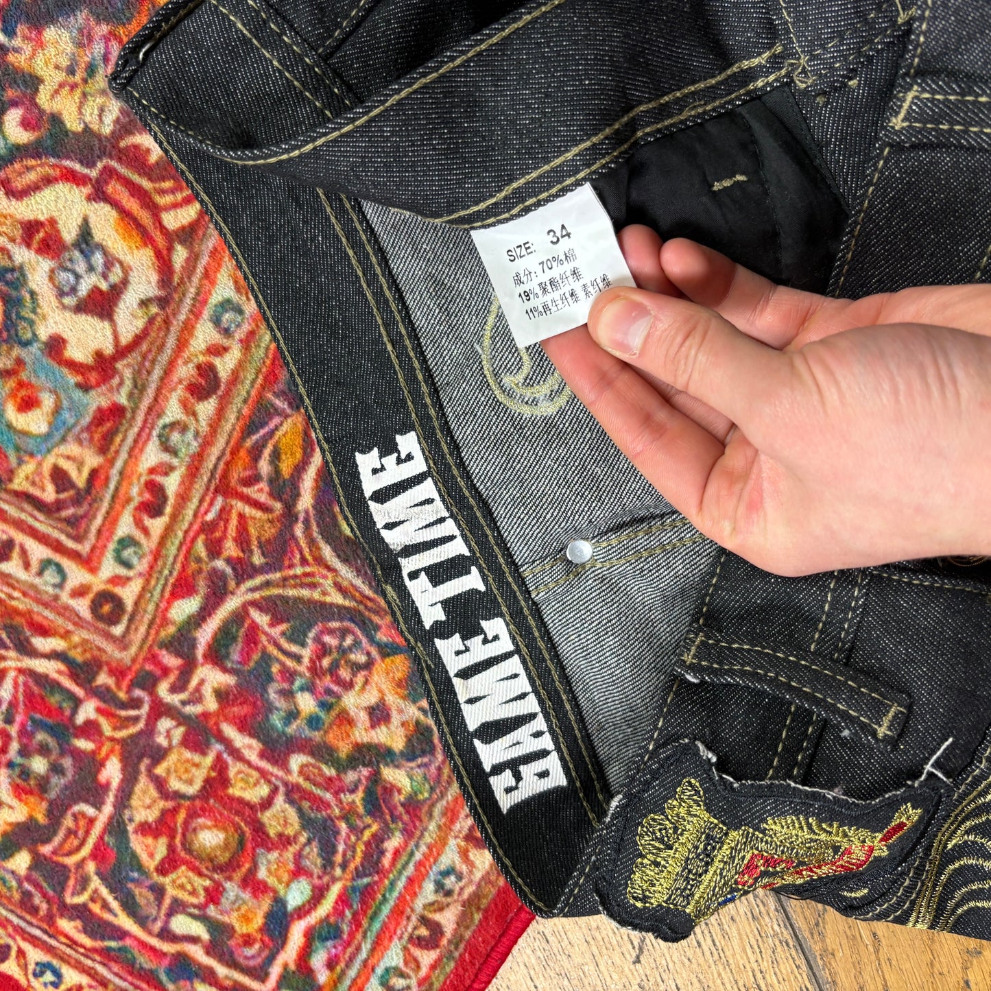 Vintage Black Gold Embroidered Y2K Hip Hop Baggy Jeans - 34