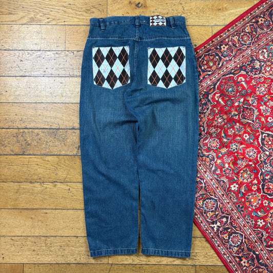 Vintage Evolution in Design Blue Embroidered Y2K Hip Hop Baggy Jeans - 36