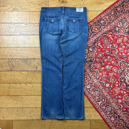 Vintage True Religion Womens Blue Embroidered Y2K Hip Hop Bootcut Jeans - Size18