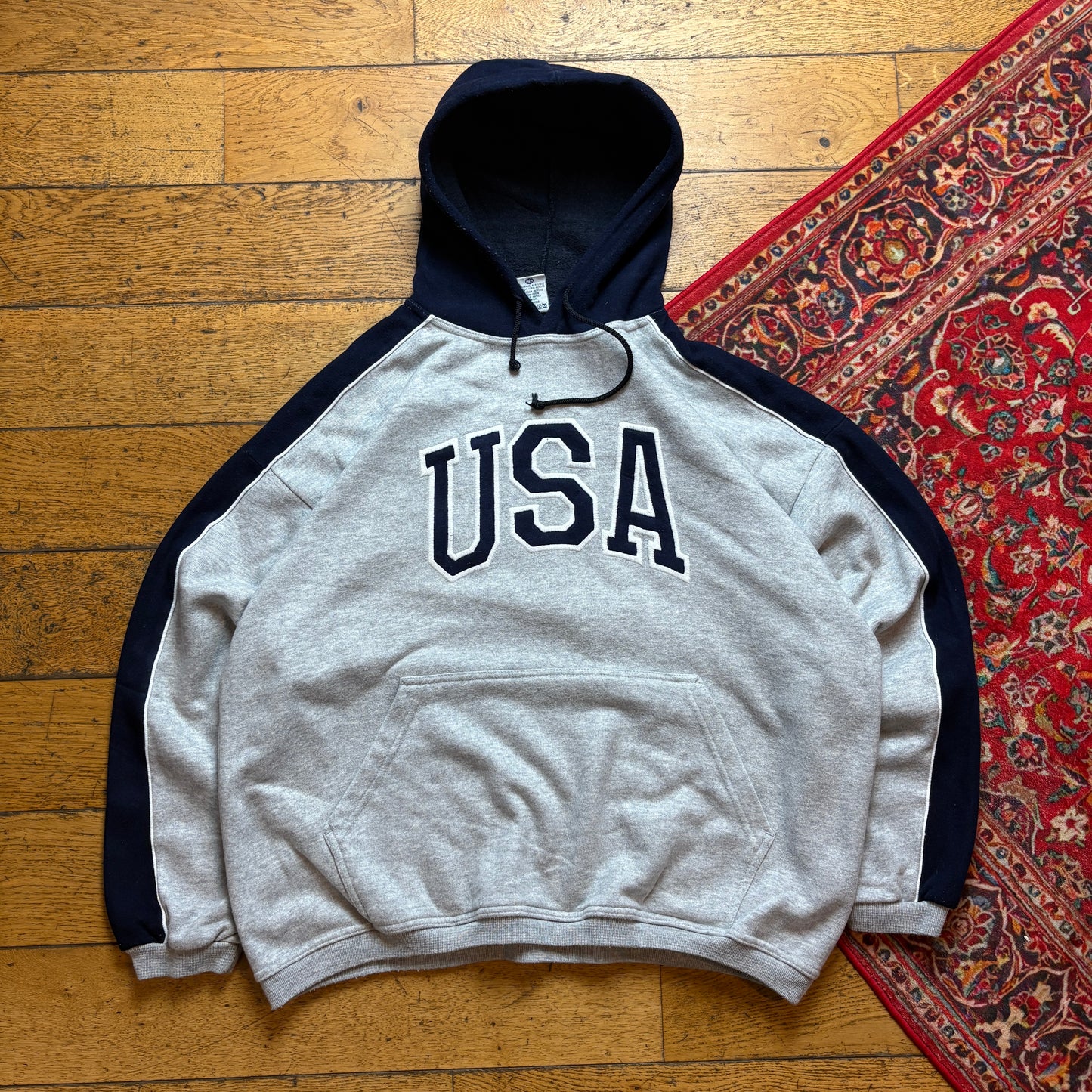 Vintage USA Grey Navy Embroidered Hoodie Sweatshirt - XL