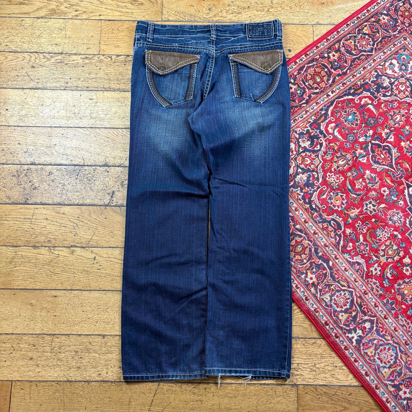 Vintage Blue Embroidered Y2K Hip Hop Baggy Jeans - 38