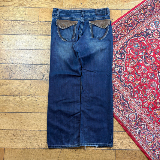 Vintage Blue Embroidered Y2K Hip Hop Baggy Jeans - 38