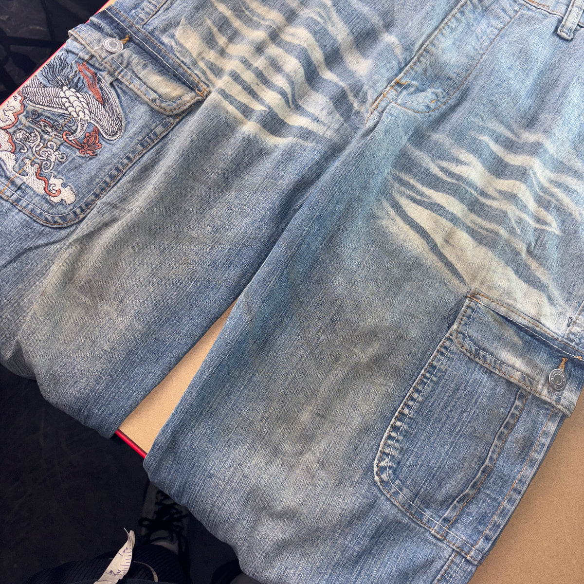 Embroidered Blue Cargo Japanese Denim Hip Hop Y2K Baggy Jeans - 32S