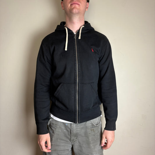 Vintage Ralph Lauren Black Zip Hoodie Embroidered Sweatshirt - M