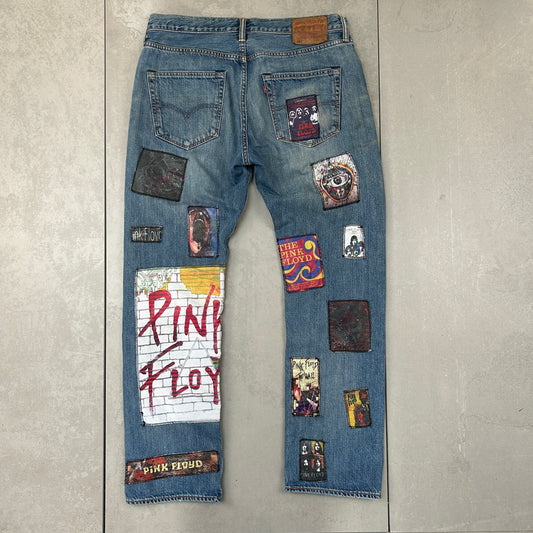 Vintage Levis 501 Patchwork Pink Floyd Blue Denim Straight Jeans - 34