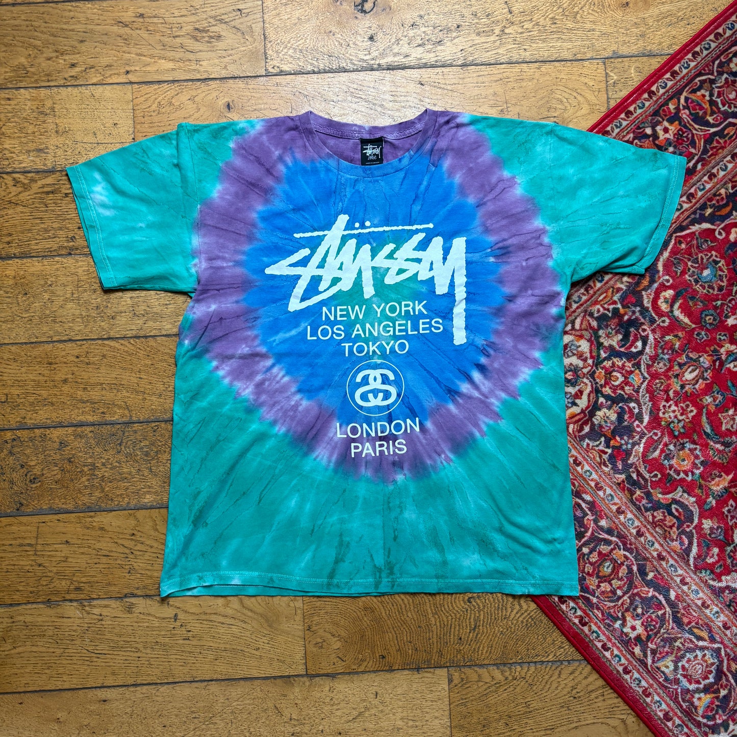Vintage Stussy Tie Dye Blue Green Graphic T-Shirt - L