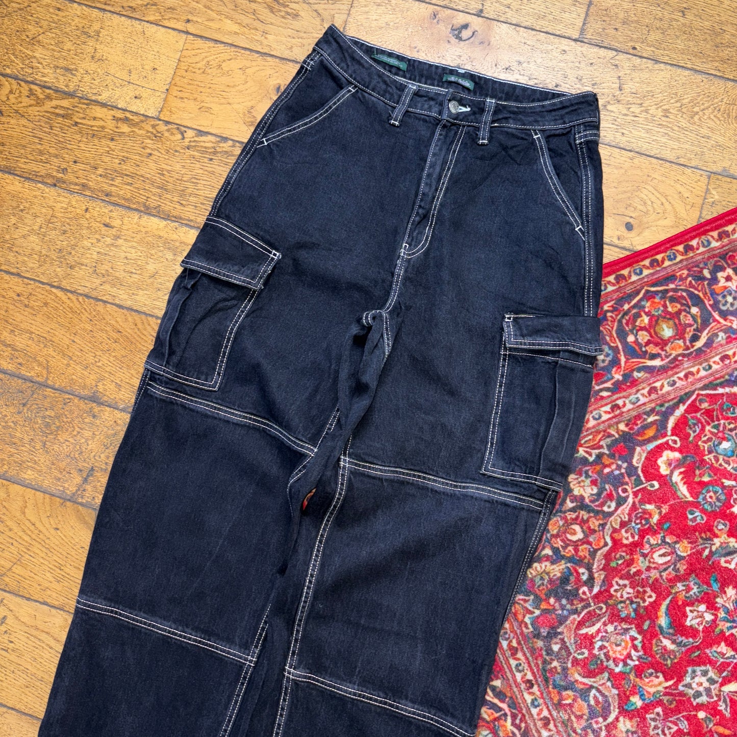 Vintage Black Contrast Stitch Carpenter Workwear Baggy Trousers - 30S