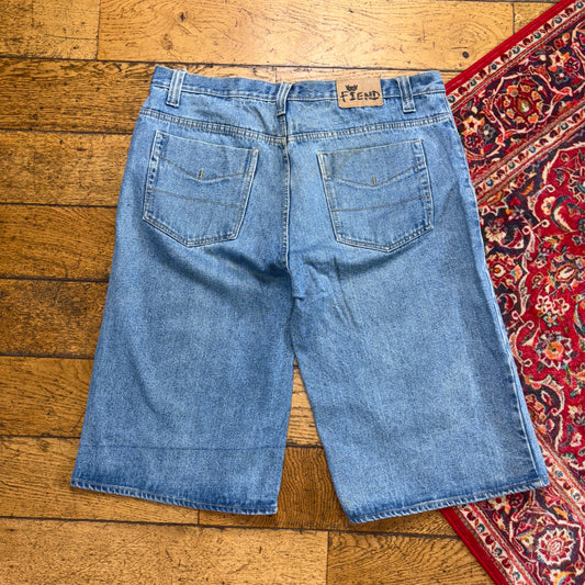 Vintage Fiend Blue Embroidered Y2K Hip Hop Baggy Jeans Shorts Jorts - 38