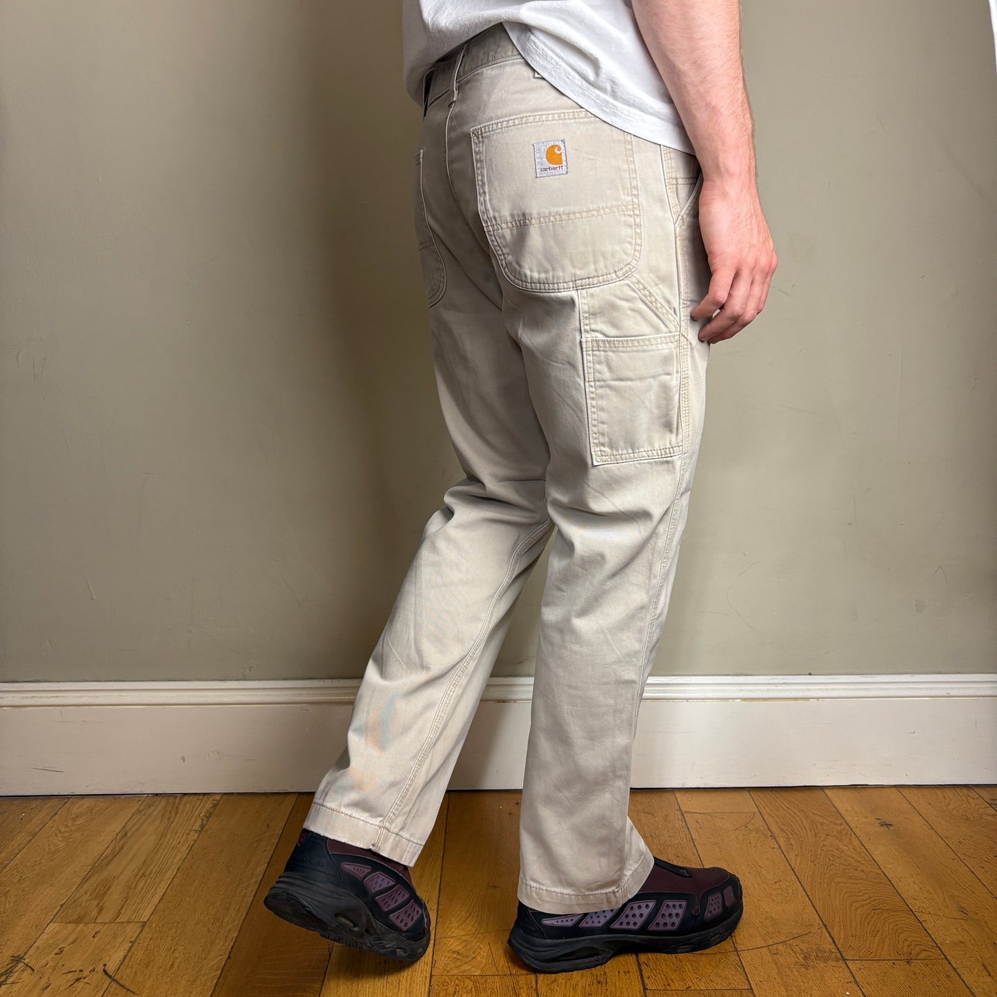 Vintage Carhartt Cream Light Brown Workwear Carpenter Baggy Trousers - 34S