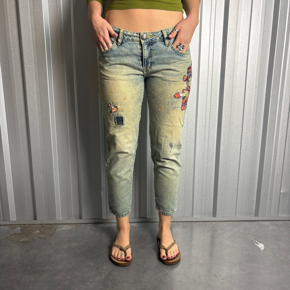 Embroidered Jizo Blue Capri Anime Japanese Denim Hip Hop Y2K Jeans - 32