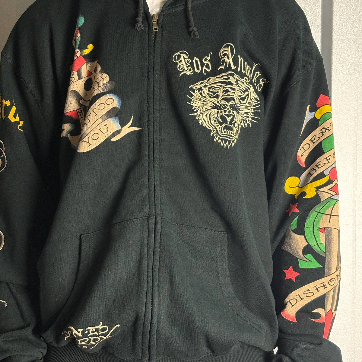 Vintage Ed Hardy Y2K Black Zip Hip Hop Embroidered Hoodie Sweatshirt - 2XL