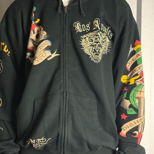 Vintage Ed Hardy Y2K Black Zip Hip Hop Embroidered Hoodie Sweatshirt - 2XL