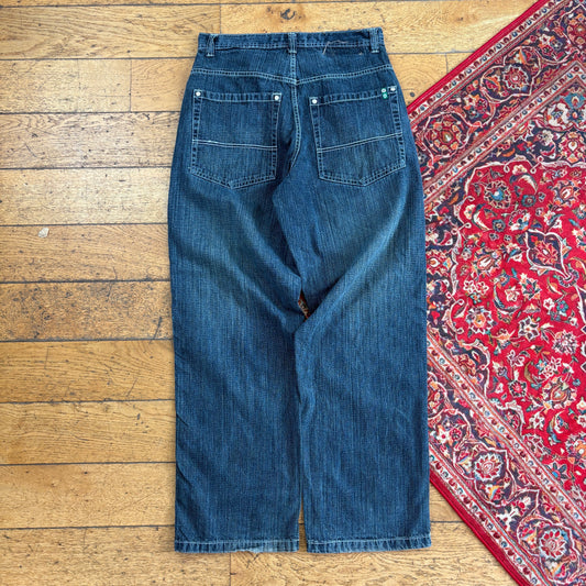 Vintage Southpole Navy Blue Embroidered Y2K Hip Hop Baggy Jeans - 32