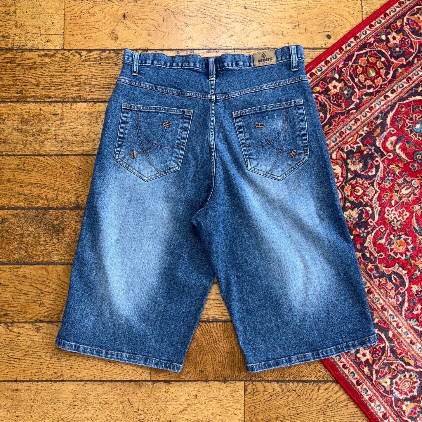 Vintage Webs Blue Embroidered Y2K Hip Hop Baggy Jeans Shorts Jorts - 34