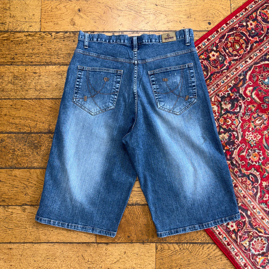 Vintage Webs Blue Embroidered Y2K Hip Hop Baggy Jeans Shorts Jorts - 34