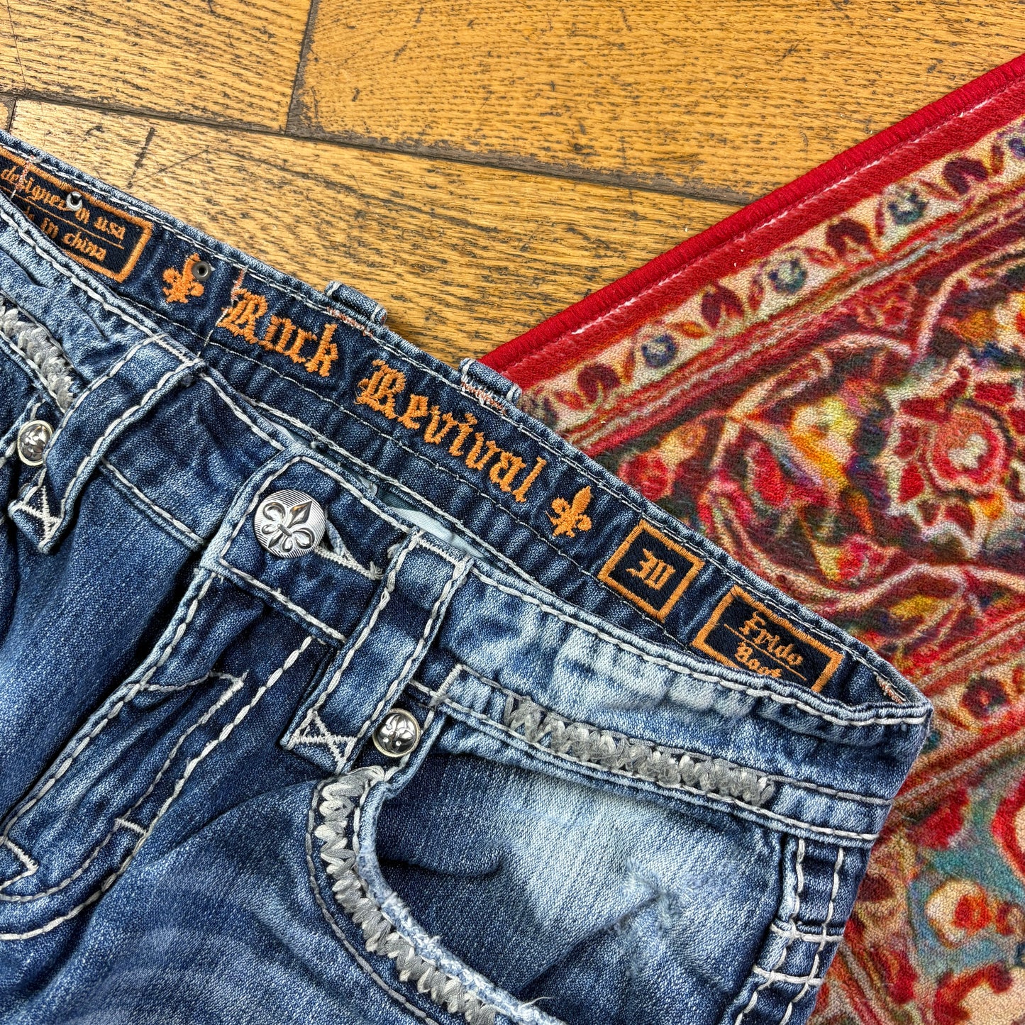 Vintage Rock Revival Blue Embroidered Y2K Hip Hop Straight Jeans - 32