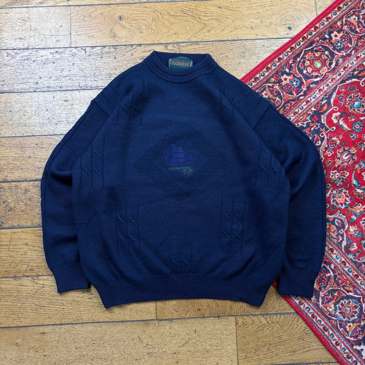 Vintage Navy Embroidered Sailing Chunky Knit Jumper - XL