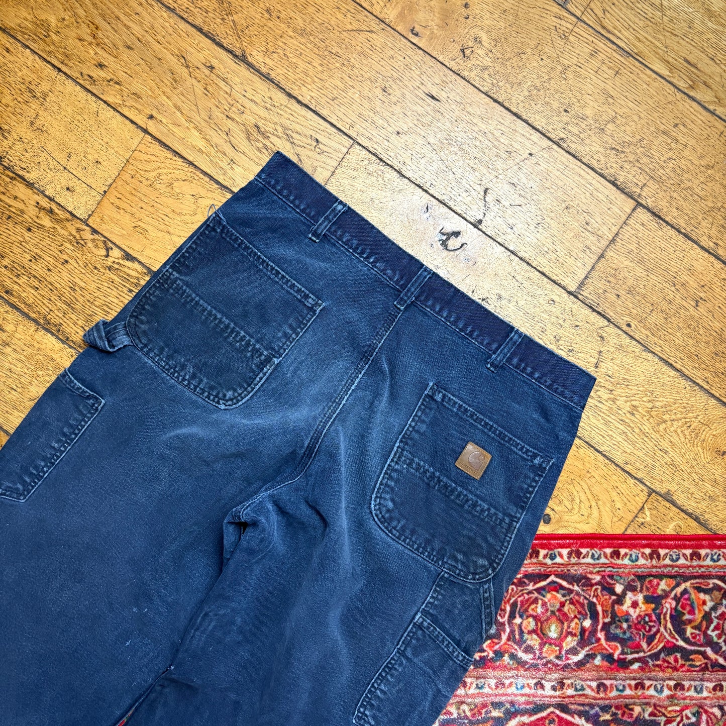 Vintage Carhartt Workwear Faded Black Navy Carpenter Baggy Trousers - 36L