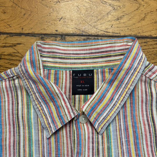 Vintage Fubu Stripe Hip Hop Embroidered Short Sleeve Shirt - XL