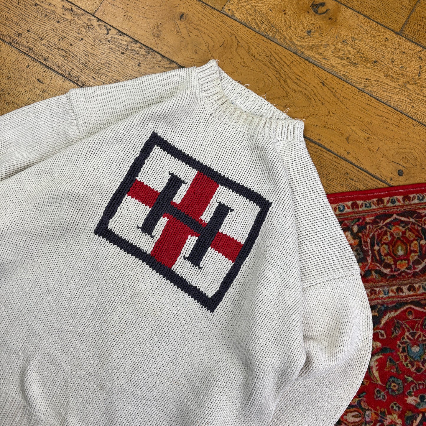 Vintage Tommy Hilfiger England Flag Cream Chunky Knit Jumper - 2XL