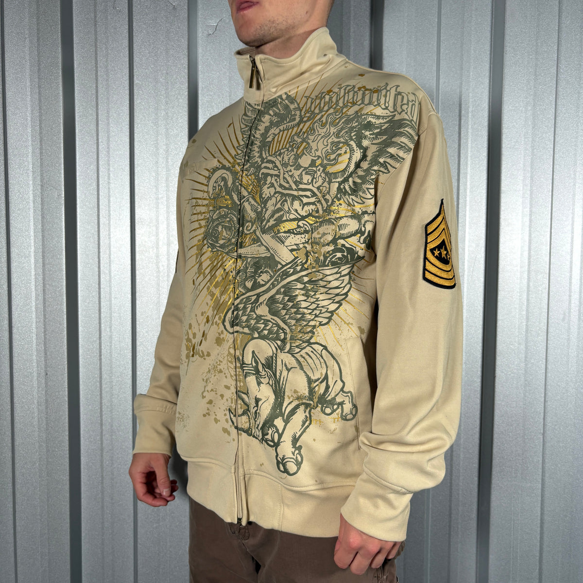 Ecko Unltd Cream Zip Up Y2K Embroidered Hip Hop Sweatshirt - L