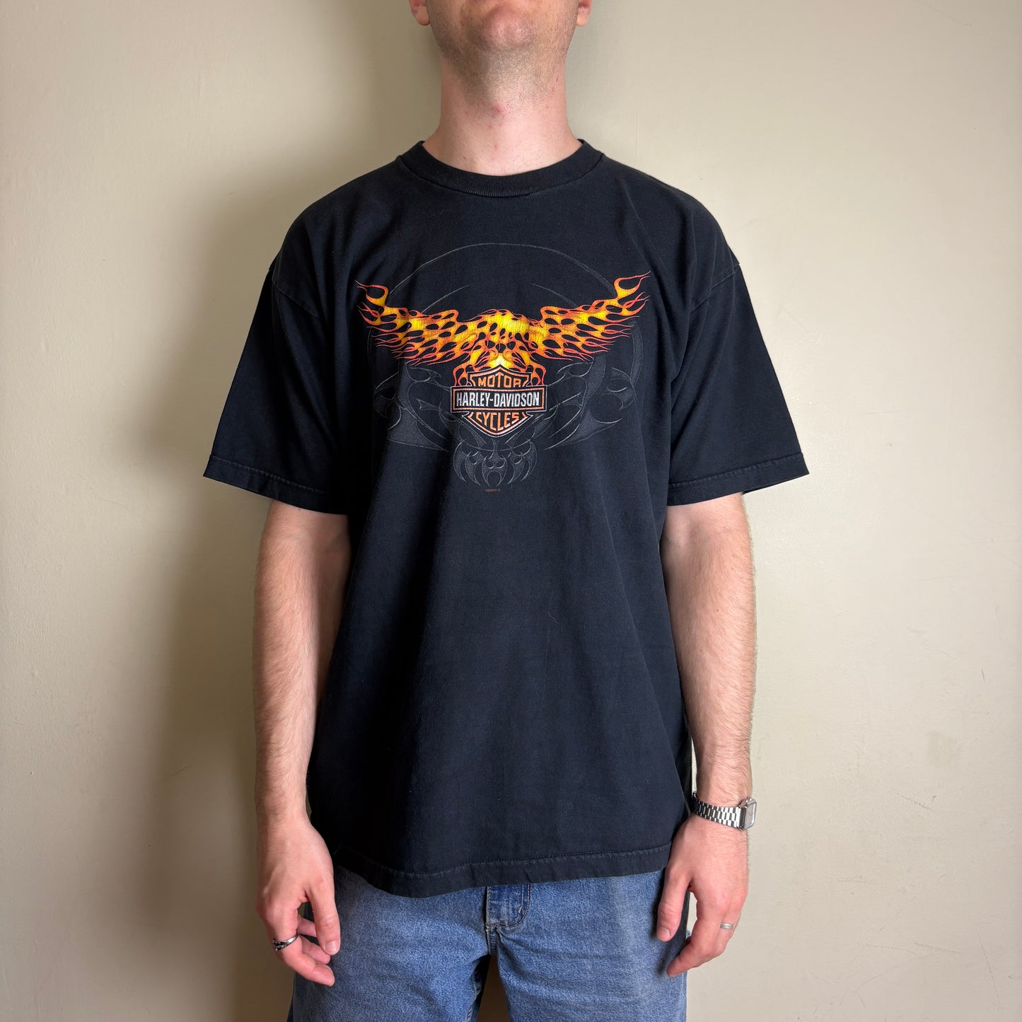 Vintage 2005 Harley Davidson Black Flames Graphic T-Shirt - L