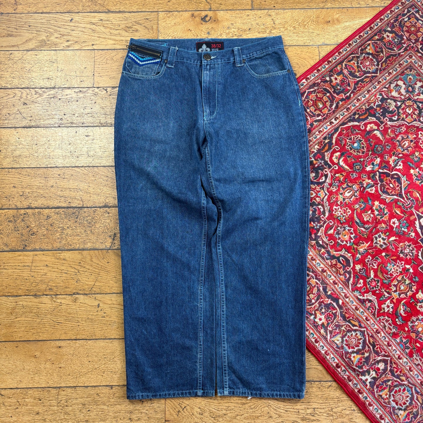 Vintage Blue Embroidered Y2K Hip Hop Baggy Jeans - 38