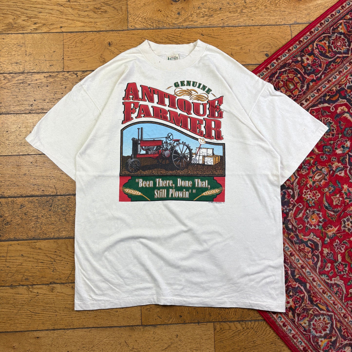 Vintage 1995 Funny Farmers Plowing White Single Stitch Graphic T-Shirt - XL