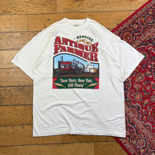 Vintage 1995 Funny Farmers Plowing White Single Stitch Graphic T-Shirt - XL