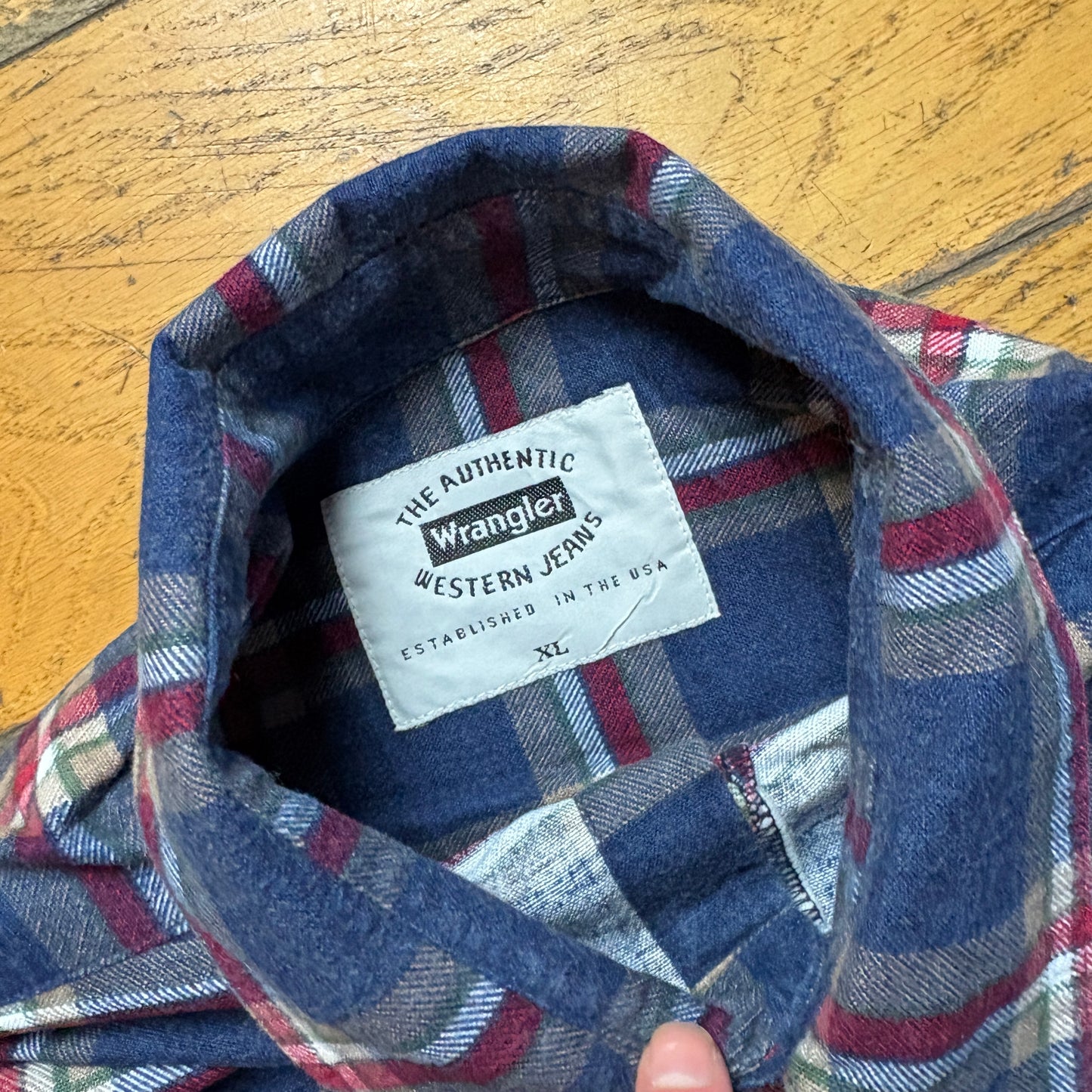 Vintage Wrangler Blue Check Flannel Embroidered Shirt - XL