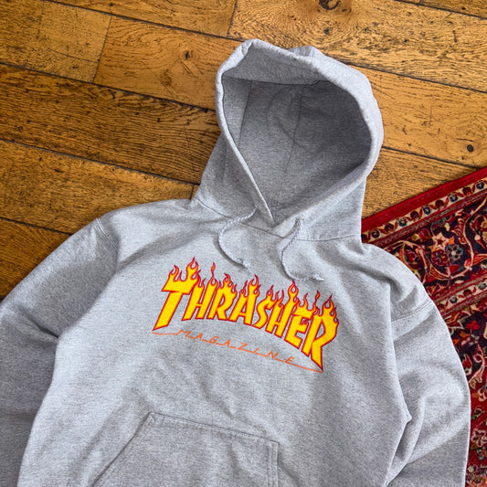 Vintage Thrasher Grey Flames Skate Hoodie Sweatshirt - S