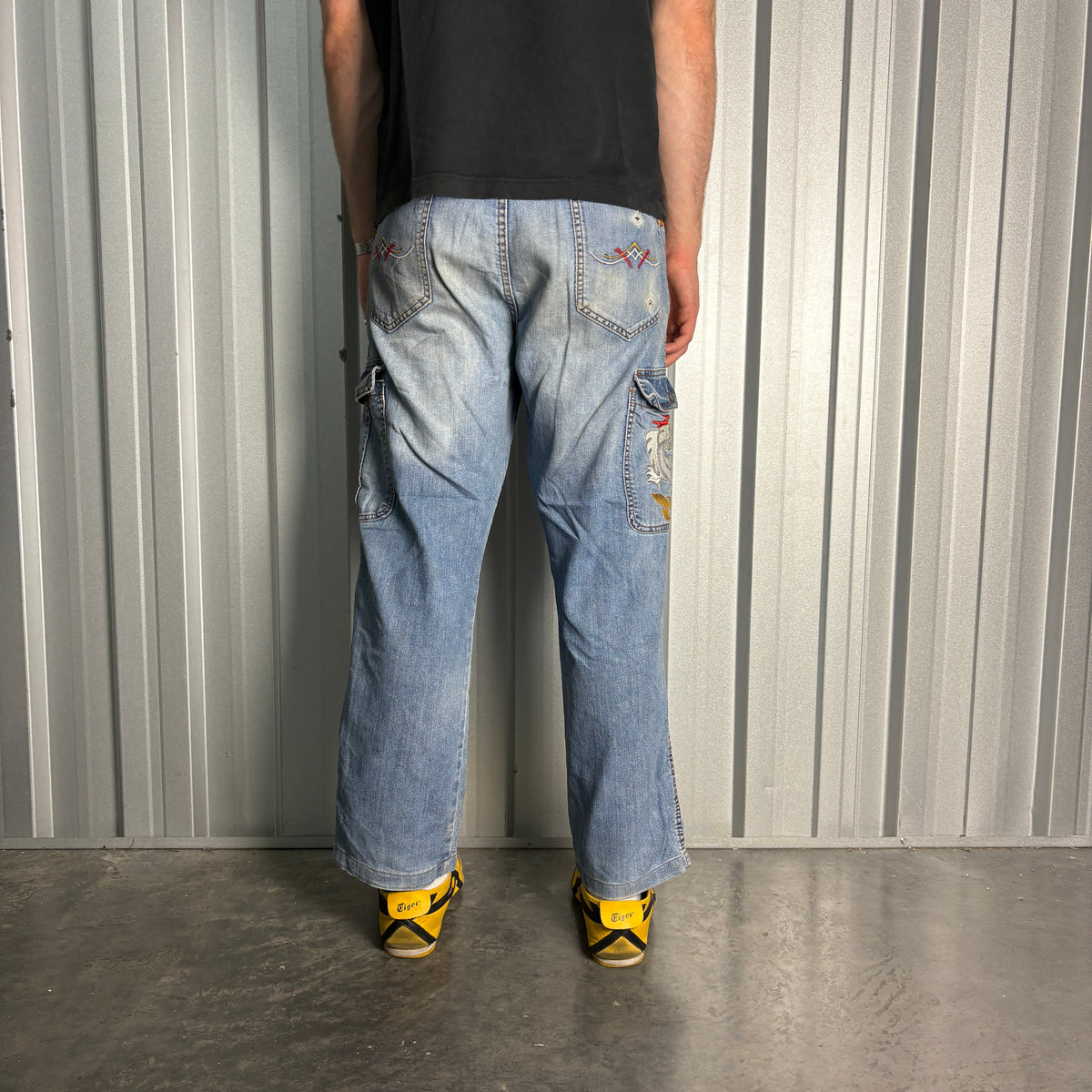 Embroidered Dragon Blue Cargo Japanese Denim Hip Hop Y2K Baggy Jeans - 34S