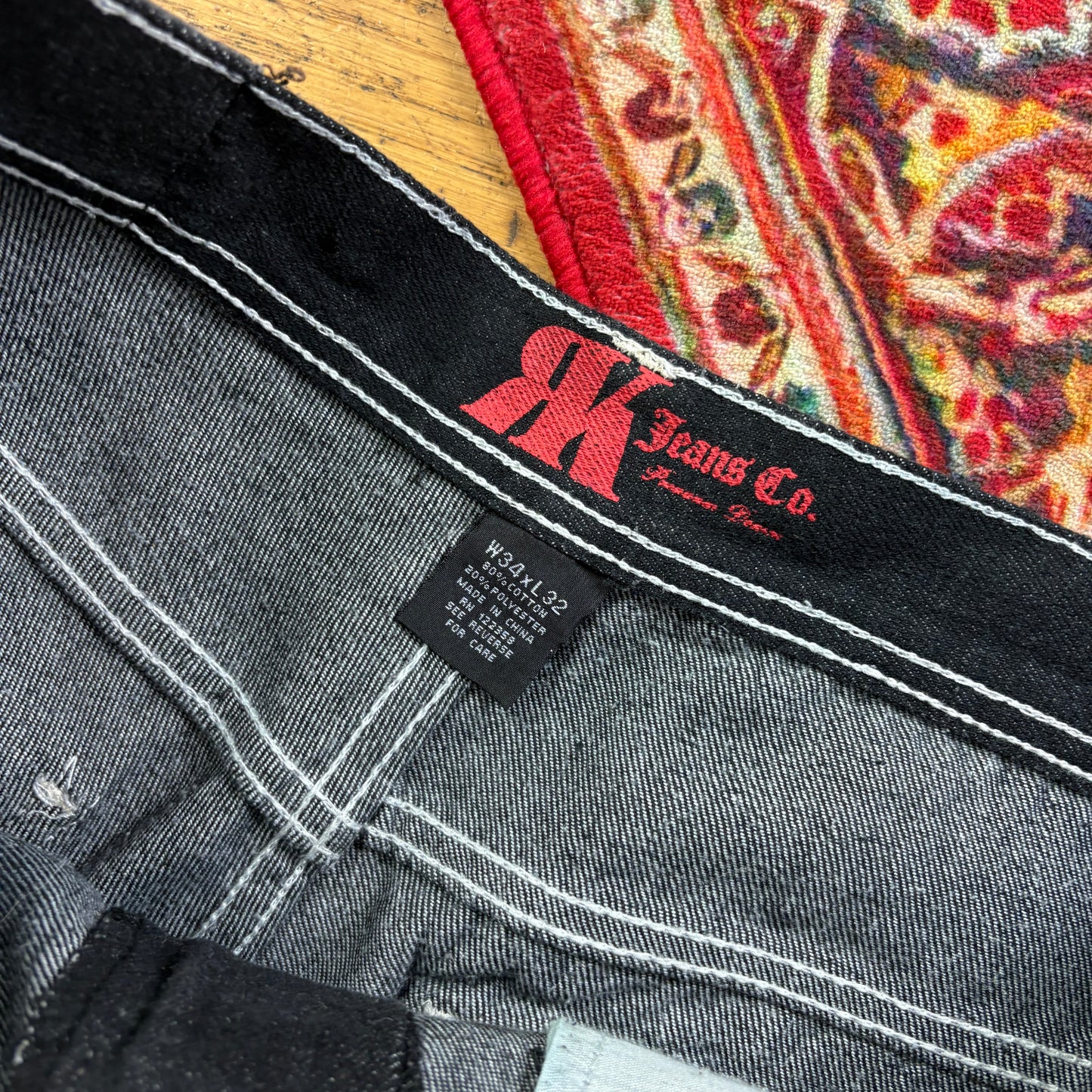 Vintage Black Embroidered Y2K Hip Hop Baggy Jeans - 34