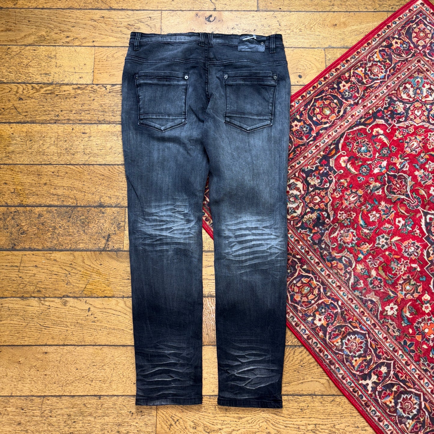 Vintage Grunge Black Embroidered Y2K Hip Hop Slim Jeans - 36R