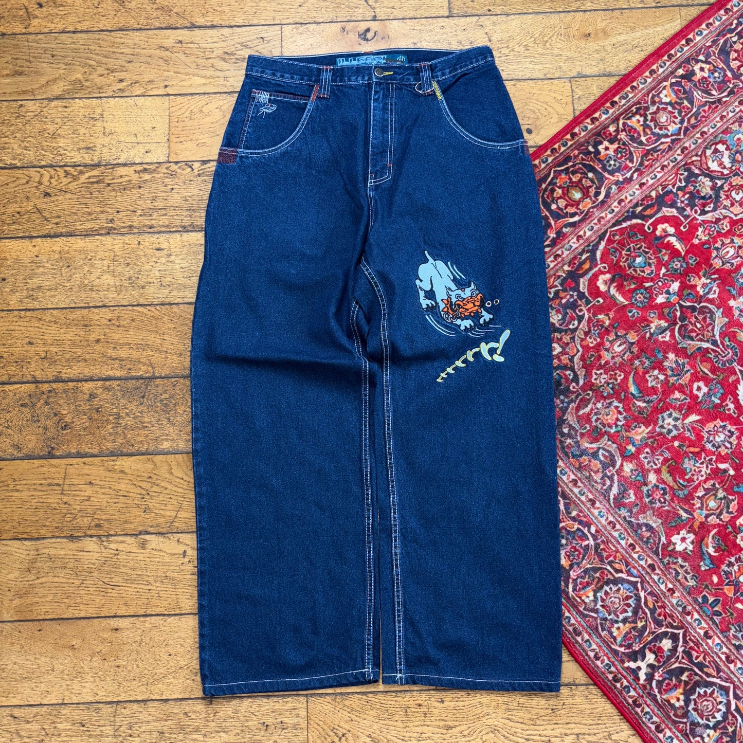 Vintage Illegal Jeans JNCO Style Blue Embroidered Y2K Hip Hop Baggy Jeans - 34S