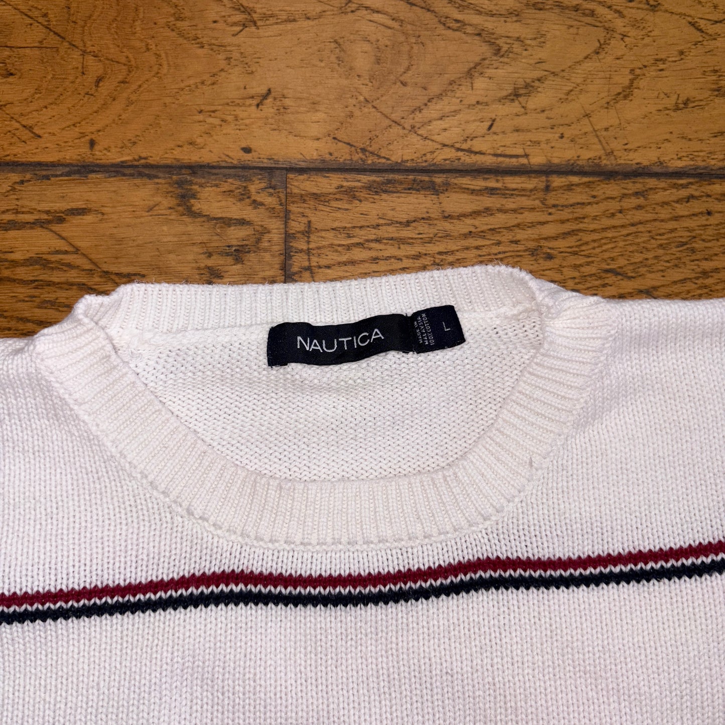 Vintage Nautica White Stripe Embroidered Knit Jumper - L