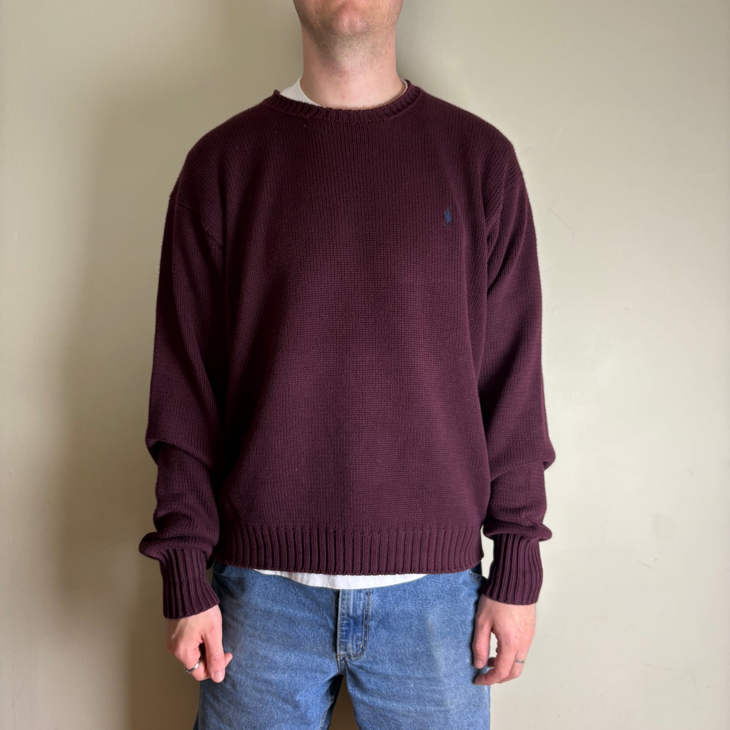 Vintage Ralph Lauren Burgundy Crewneck Chunky Knit Jumper - XL