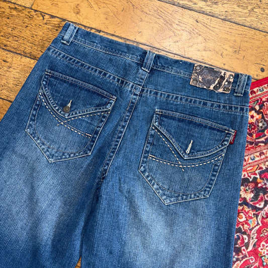 Vintage Pelle Pelle Blue Embroidered Y2K Hip Hop Baggy Jeans Shorts Jorts - 40