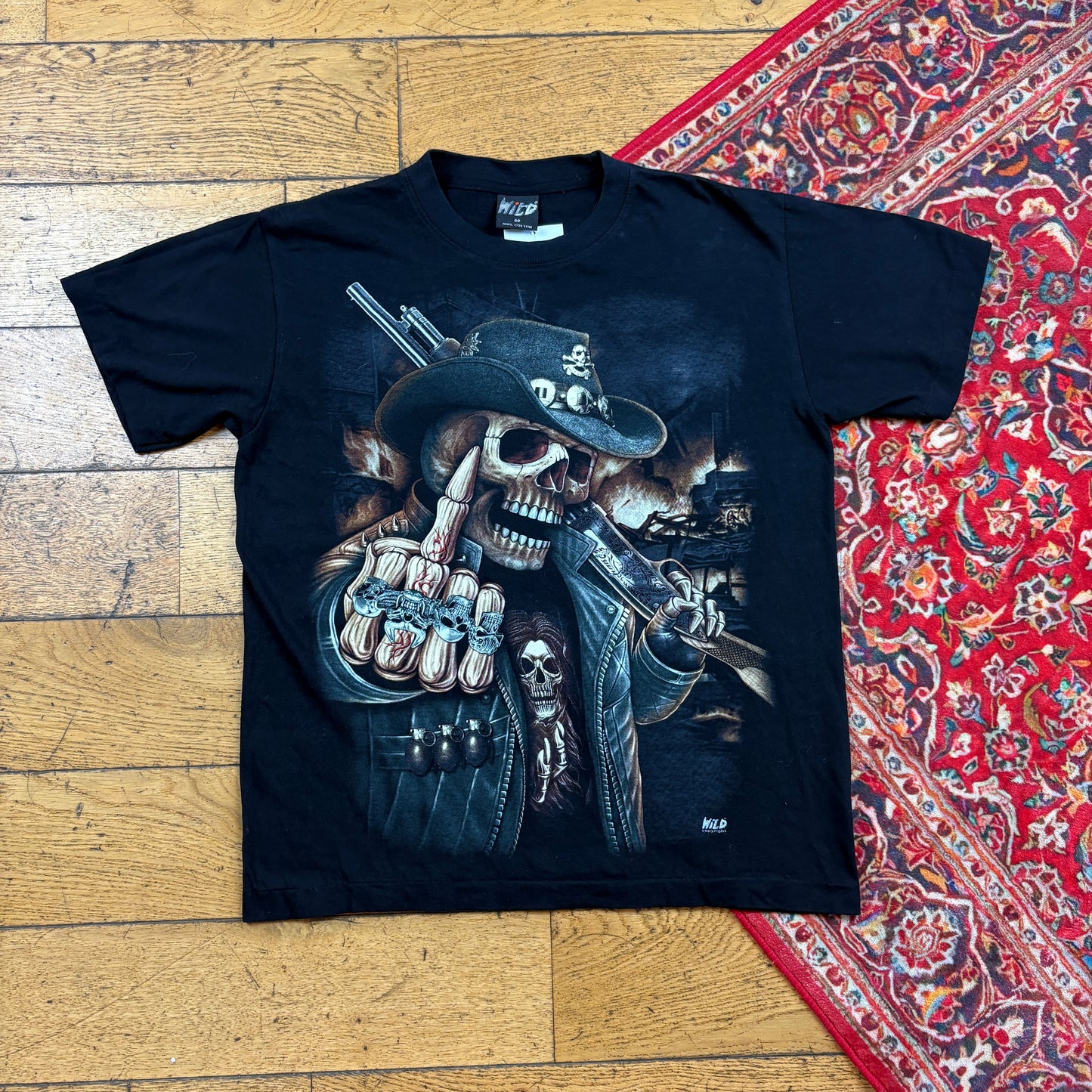 Vintage Wild Funny Skull Cowboy Black Graphic T-Shirt - S