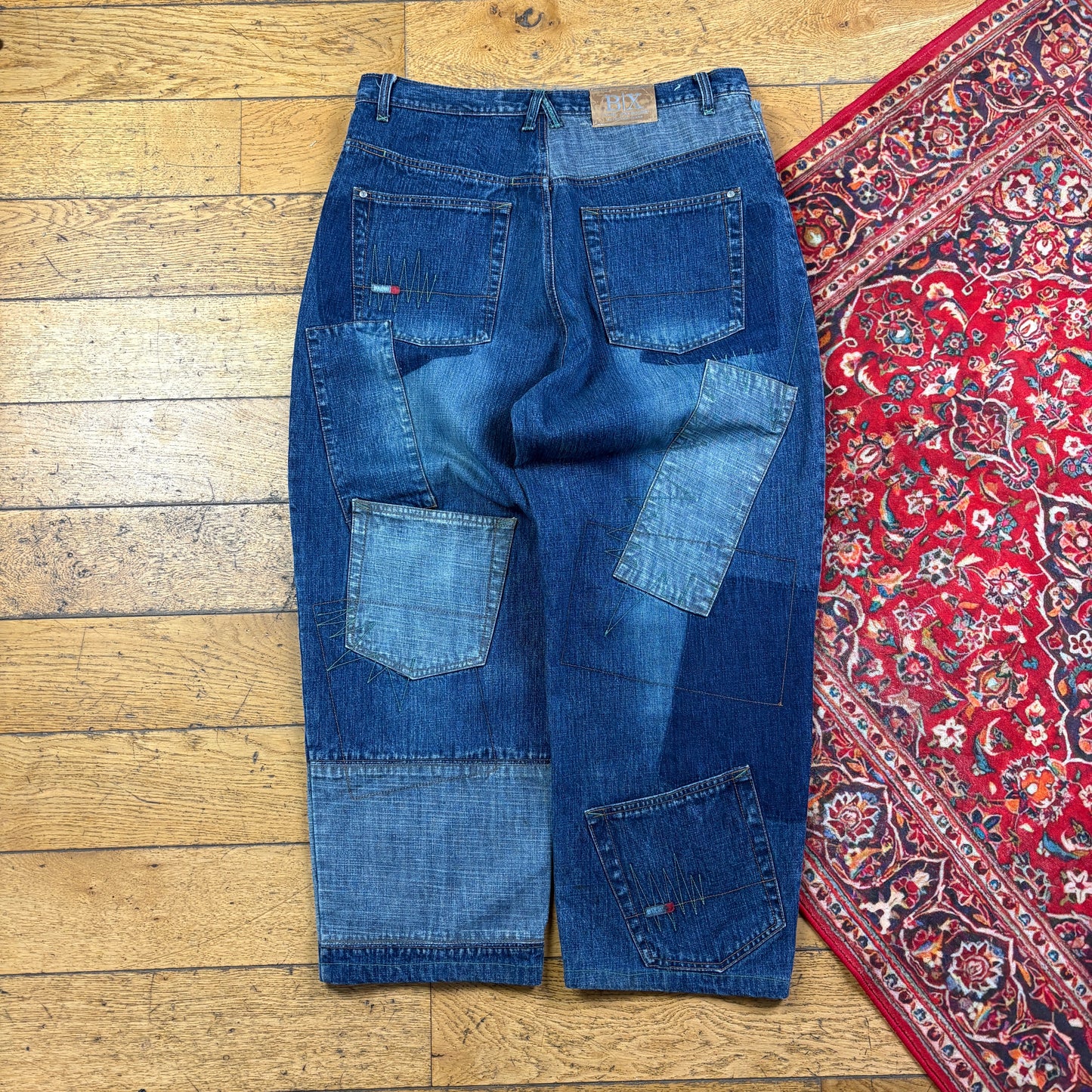 Vintage Blue Patchwork Embroidered Y2K Hip Hop Baggy Jeans - 38